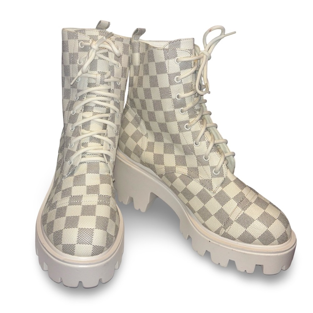 Womens MDT Checkered Lace Up Block Heel Boots Size 10 - Picture 3 of 8